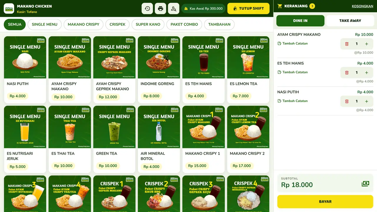 Keranjang Makano POS berisi tiga item dengan subtotal Rp 18.000 dan tombol Bayar aktif.