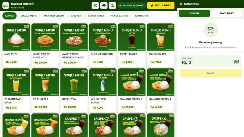 Layar kasir Makano POS: kategori menu, daftar produk beserta harga, dan panel keranjang.