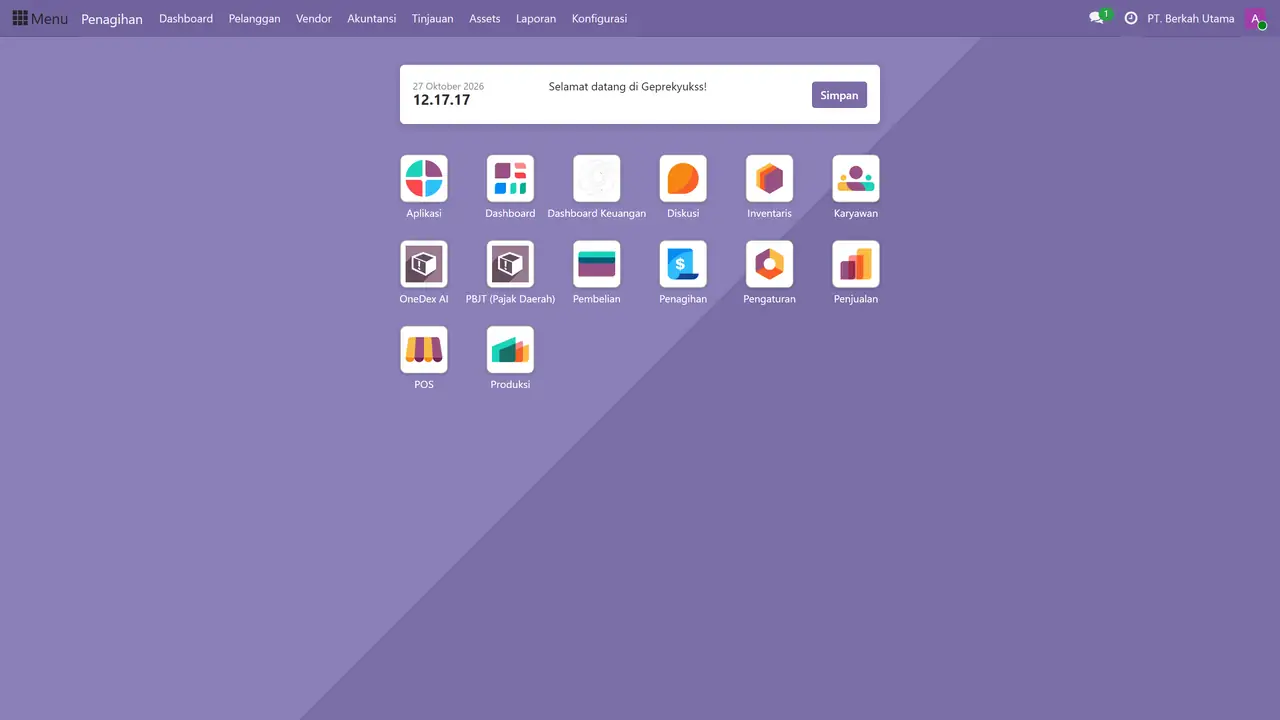 Menu aplikasi Odoo 19 menampilkan modul terpasang seperti Penjualan, Pembelian, dan POS.
