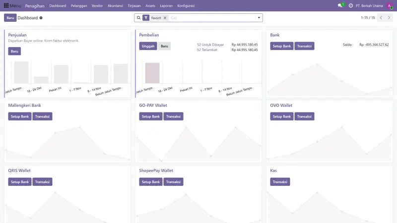 Dashboard Akuntansi Odoo 19 berisi ringkasan penjualan, pembelian, dan saldo bank.