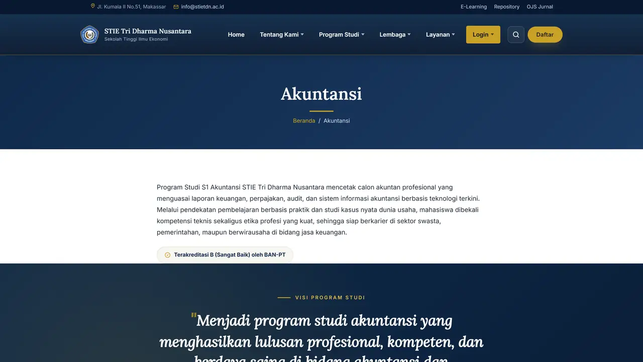 Halaman Program Studi Akuntansi STIE TDN dengan breadcrumb dan badge akreditasi B.